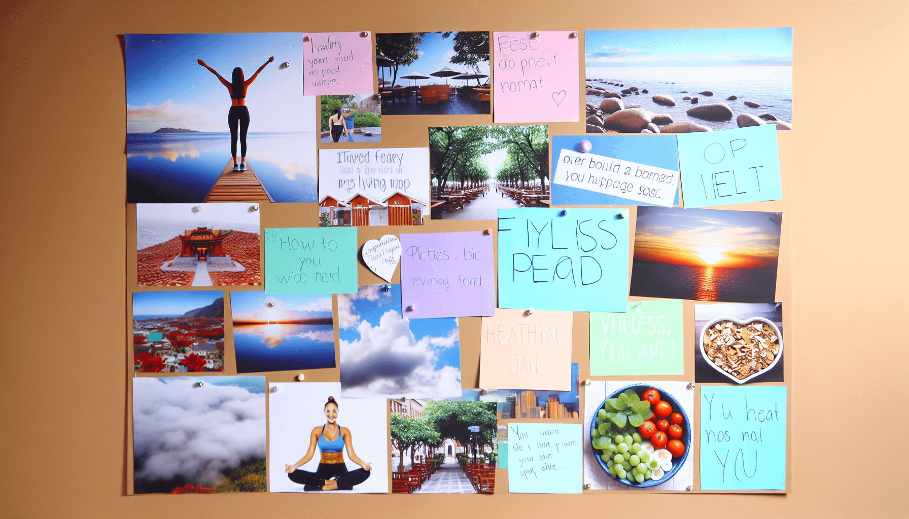 Gestalte ein Vision Board, das mit Bildern, Texten und Zitaten gefÃ¼llt ist, die mit den eigenen Zielen und Bestrebungen in Einklang stehen. FÃ¼ge Bilder von Orten hinzu, die man besuchen mÃ¶chte, motivierende SprÃ¼che, Bilder von gesunden Lebensmitteln fÃ¼r Fitnessziele und Bilder, die eine friedliche Wohnumgebung reprÃ¤sentieren. Das Board sollte insgesamt eine hoffnungsvolle und positive Ausstrahlung haben.