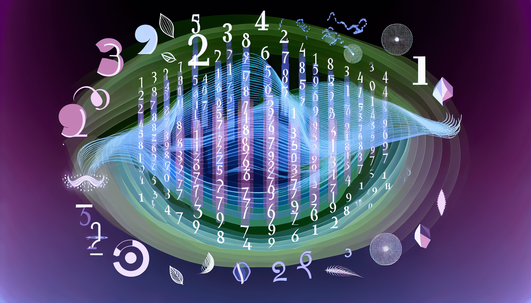 Eine Visualisierung, die Heilzahlen darstellt, bei dem Zahlenfolgen auf eine Weise angezeigt werden, die darauf hindeutet, dass sie beruhigende, therapeutische Eigenschaften besitzen. 