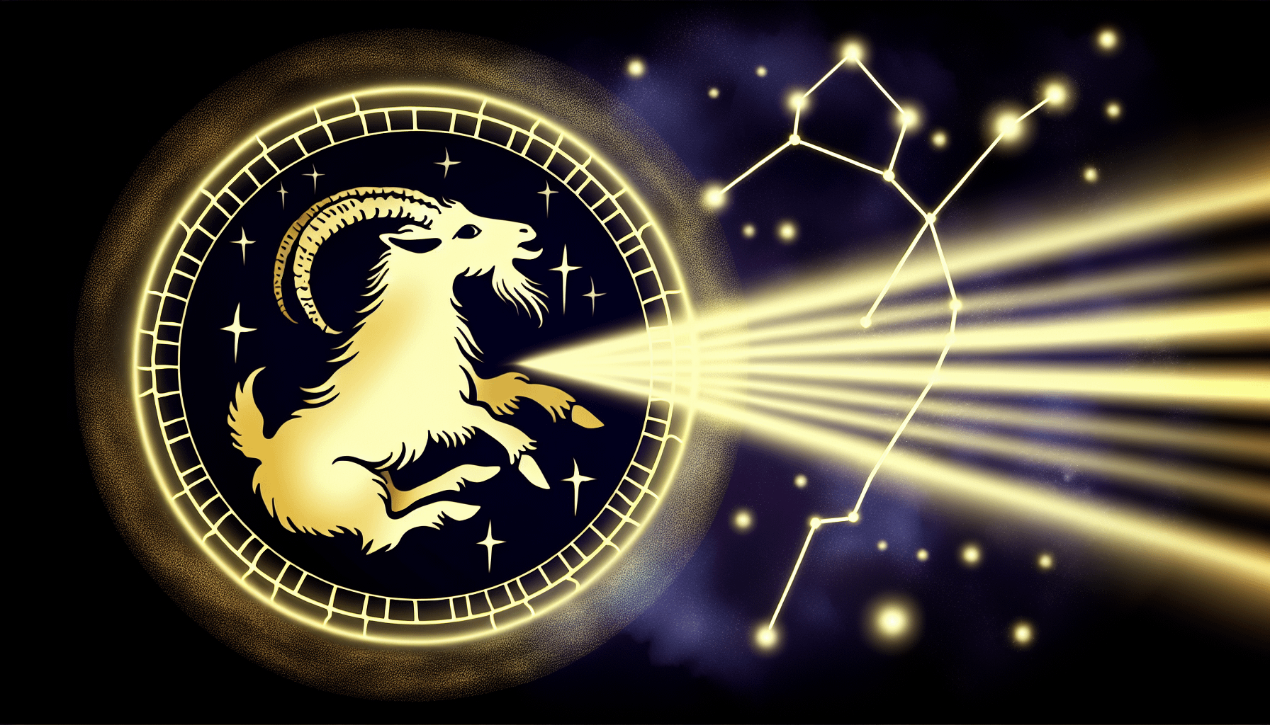 Eine astrologisch inspirierte Illustration, die das Sternzeichen Steinbock zeigt. Das Bild sollte aus einem Symbol eines Seeschafes bestehen, einem mythischen Wesen mit dem VorderkÃ¶rper einer Ziege und dem Schwanz eines Fisches, das mit diesem Sternzeichen assoziiert wird. Dieses Symbol sollte im Zentrum platziert sein und goldenes Licht gegen einen sternenklaren Nachthimmel ausstrahlen. Um dieses Symbol herum sollte die mit dem Steinbock verbundene Konstellation sanft eingraviert sein, fast wie ein FlÃ¼stern vor dem Hintergrund des Kosmos. Achten Sie darauf, einen kreisfÃ¶rmigen Rahmen mit filigranen Designs hinzuzufÃ¼gen, der die Themen Astrologie und Mystik weiter betont.