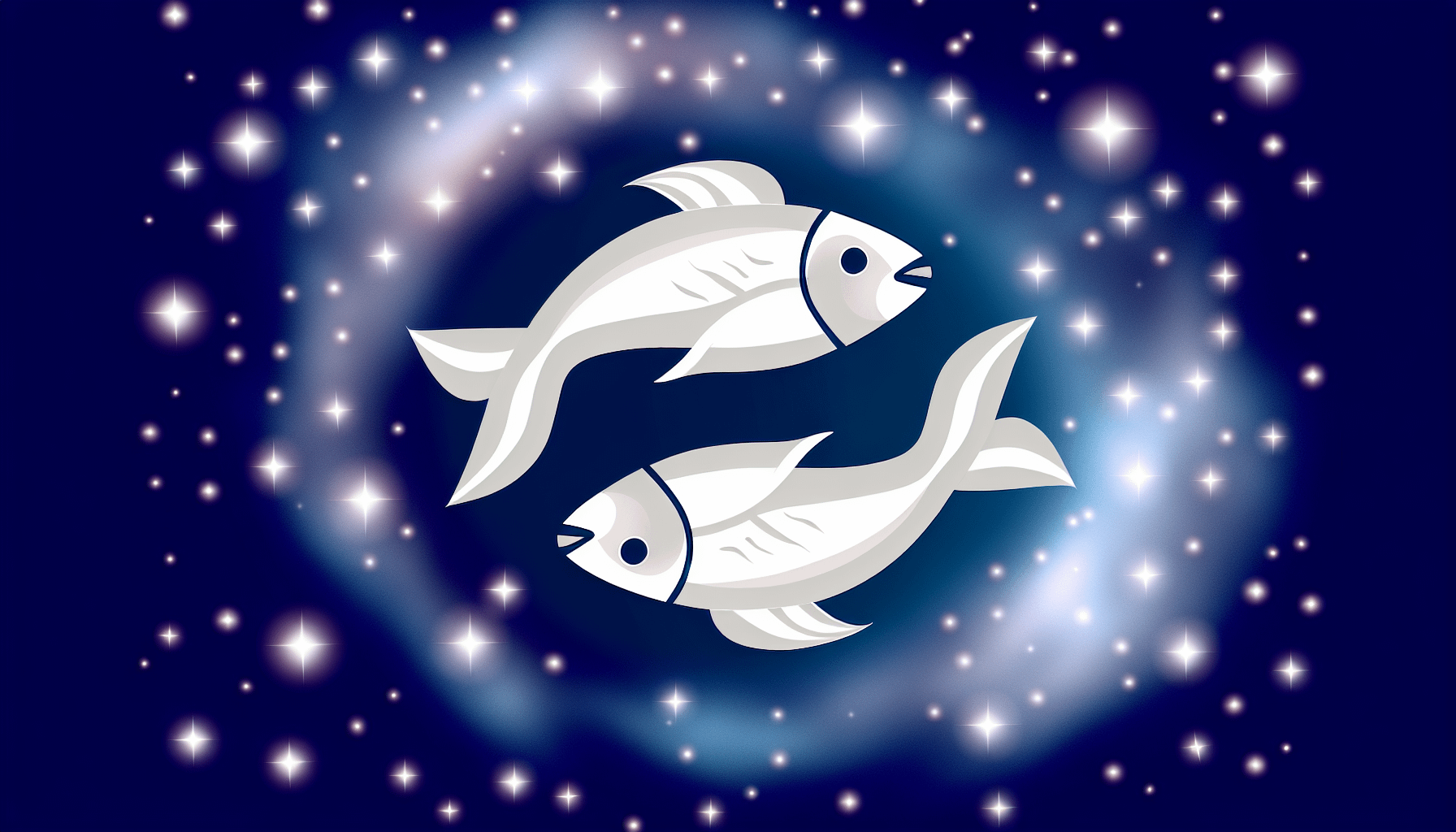 Visualisieren Sie das Sternzeichen Fische. In der Astrologie wird Fische durch zwei Fische dargestellt, die in entgegengesetzte Richtungen schwimmen, was die stÃ¤ndige Teilung der Aufmerksamkeit von Fischen zwischen Fantasie und RealitÃ¤t symbolisiert. Die Fische werden normalerweise in einem Kreis dargestellt, was die zyklische Natur des Tierkreises symbolisiert. Sie werden oft in einer einfachen, stilisierten Weise dargestellt, typischerweise in einem perligen, silbernen Farbton, um das Element Wasser, dem Fische angehÃ¶ren, darzustellen. Wenn man dies im Weltraum voller Sterne platziert, wÃ¼rde dies der Szene einen himmlischen Touch verleihen.