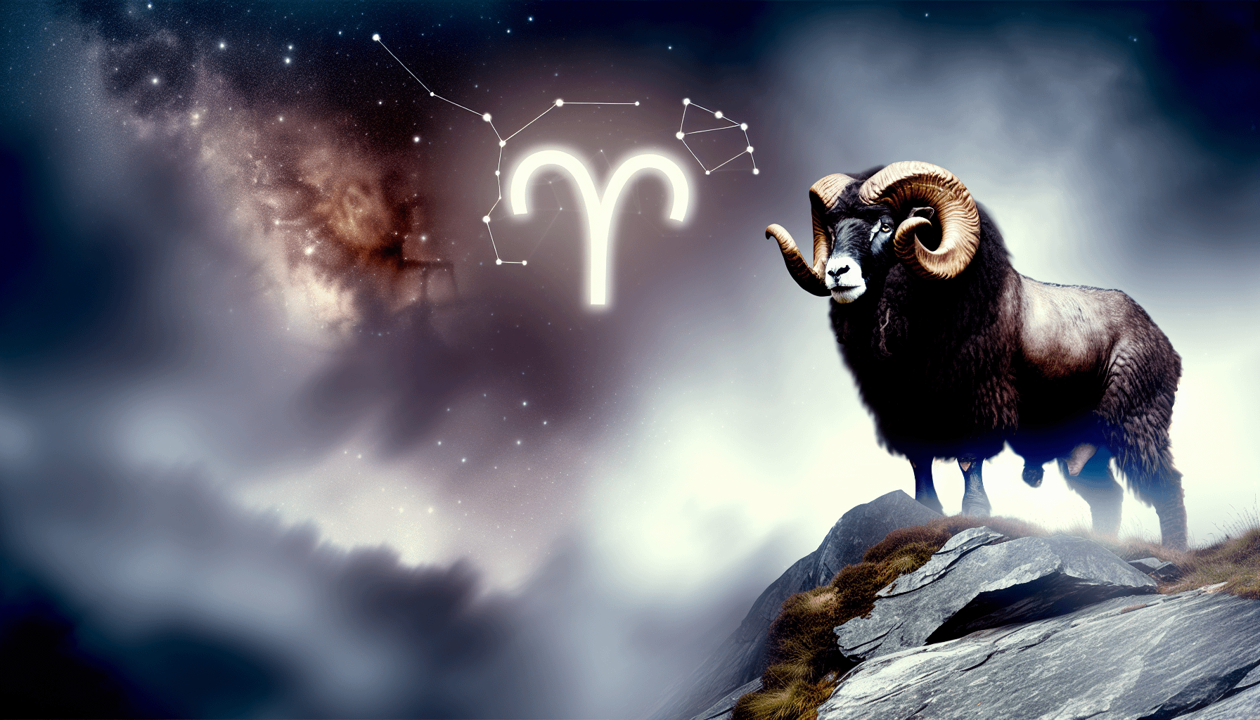 Visualisieren Sie das astrologische Zeichen des Widders, das auf Deutsch als 'Widder' bekannt ist. Stellen Sie sich einen groÃŸen, kraftvollen Widder vor, der majestÃ¤tisch auf einem felsigen HÃ¼gel steht. Der Widder hat einen muskulÃ¶sen KÃ¶rper und beeindruckende, gedrehte HÃ¶rner. Die Szene ist in das Licht der Sterne getaucht, wobei die Konstellationen schwach vor dem Hintergrund eines dunklen, nebligen Himmels sichtbar sind. FÃ¼gen Sie das astrologische Symbol fÃ¼r den Widder hinzu, das sanft im sternenÃ¼bersÃ¤ten Raum neben dem Widder schwebt.