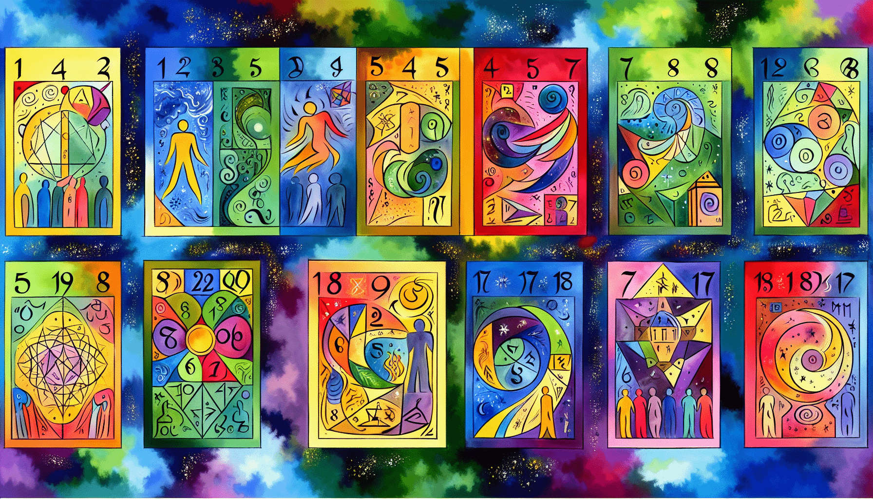 Eine lebendige, farbenfrohe Illustration des Konzepts der Numerologie-Lebenszahlen. Es gibt zehn markante Abschnitte in dem Kunstwerk, die jeweils die Zahlen von eins bis zehn reprÃ¤sentieren. Jeder Abschnitt enthÃ¤lt Symbole und Bilder, die mit der jeweiligen Bedeutung der Zahl gemÃ¤ÃŸ der Numerologie-Philosophie verbunden sind. Dies kÃ¶nnte Elemente der Natur, menschliche Figuren, die bestimmte Emotionen oder Eigenschaften zeigen, und geometrische Formen umfassen. All dies existiert vor dem Hintergrund eines kosmischen, sternenÃ¼bersÃ¤ten Himmels. Der Stil der Illustration ahmt den zarten und detaillierten Stil nach, der in der Kunst des frÃ¼hen 19. Jahrhunderts vorherrschend war.