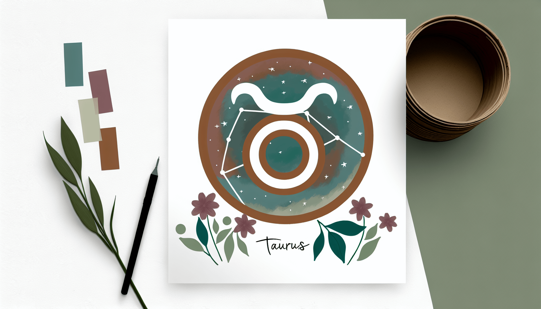 Erstellen Sie eine visuelle Darstellung des Tierkreiszeichens Stier. Das Bild zeigt das Symbol des Stiers, einen Kreis mit HÃ¶rnern, das die StÃ¤rke und den Mut des Bullen reprÃ¤sentiert. Die Szene ist vor einem sternenklaren Nachthimmel angesiedelt, wobei die Konstellation des Stiers dezent hervorgehoben ist. Um das mit diesem Tierkreiszeichen verbundene Erdelement zu betonen, integrieren Sie erdige Farben wie reiches Braun oder WaldgrÃ¼n. Um das Symbol herum sind florale Motive angeordnet, um ein naturinspiriertes Element hinzuzufÃ¼gen, das die Verbindung des Stiers mit der Natur und dem Wachstum widerspiegelt.